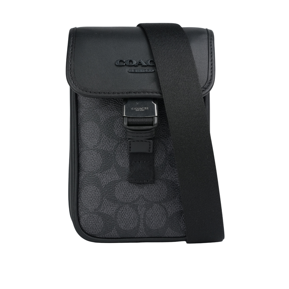 【COACH】Racer 塗層帆布及小牛皮釦式手機包/斜背包(炭灰色)