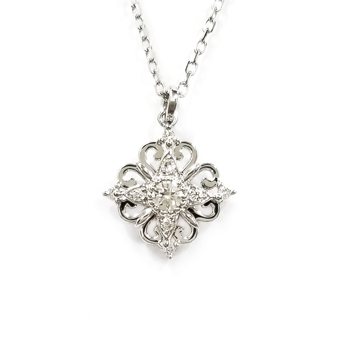 18K白金天然鑽石旋轉雪花頸鏈