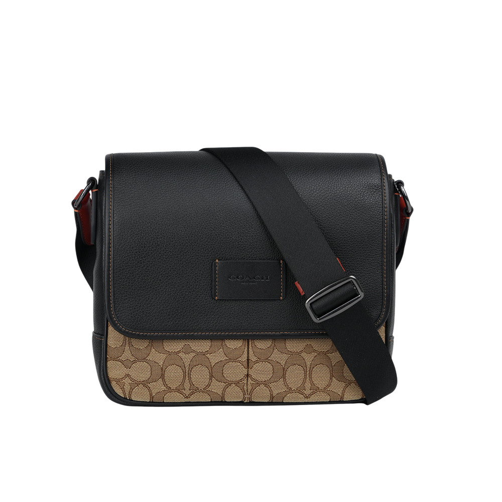 【COACH】Sprint Map 25 緹花布拼皮革翻蓋斜背包(卡其/黑色)