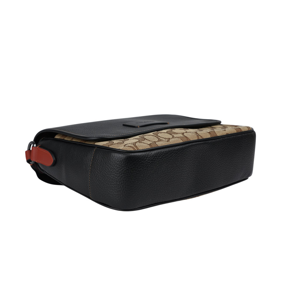 【COACH】Sprint Map 25 緹花布拼皮革翻蓋斜背包(卡其/黑色) CE534 QBV1R