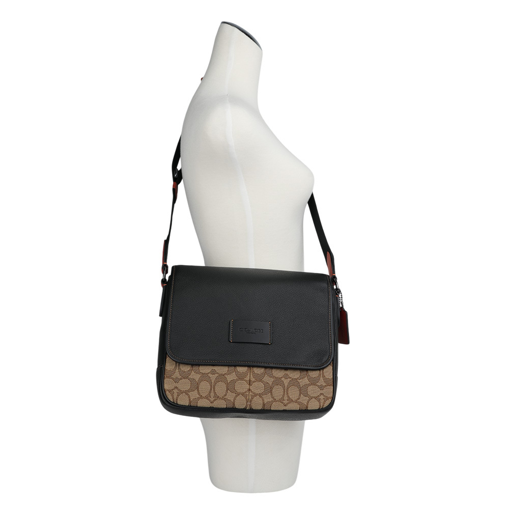 【COACH】Sprint Map 25 緹花布拼皮革翻蓋斜背包(卡其/黑色) CE534 QBV1R