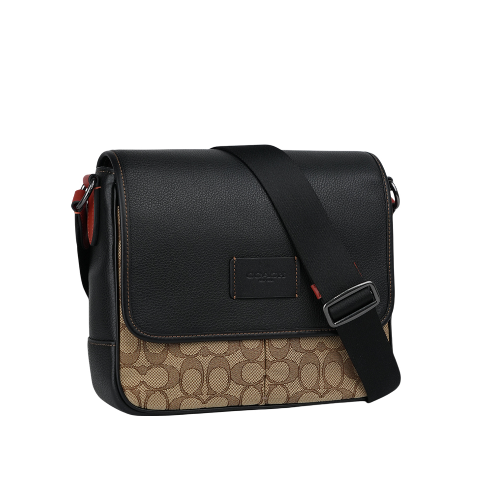 【COACH】Sprint Map 25 緹花布拼皮革翻蓋斜背包(卡其/黑色) CE534 QBV1R