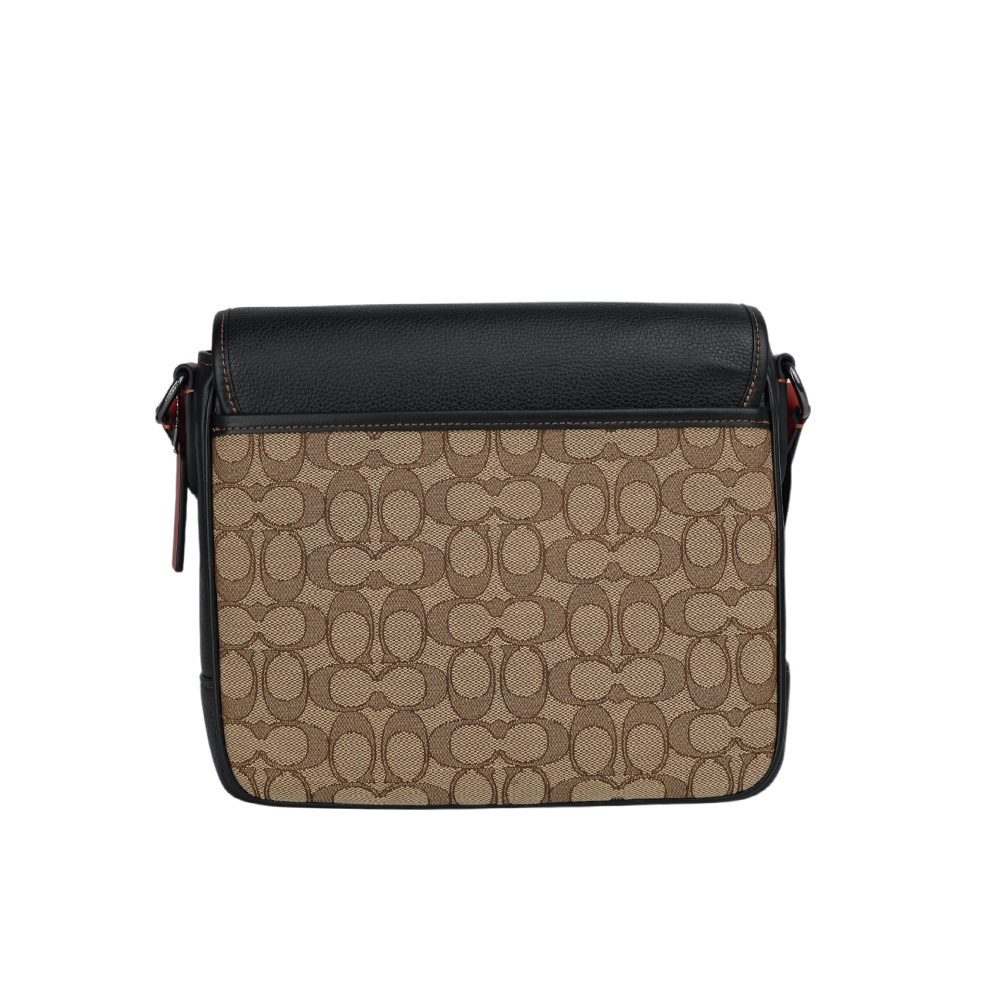 【COACH】Sprint Map 25 緹花布拼皮革翻蓋斜背包(卡其/黑色) CE534 QBV1R