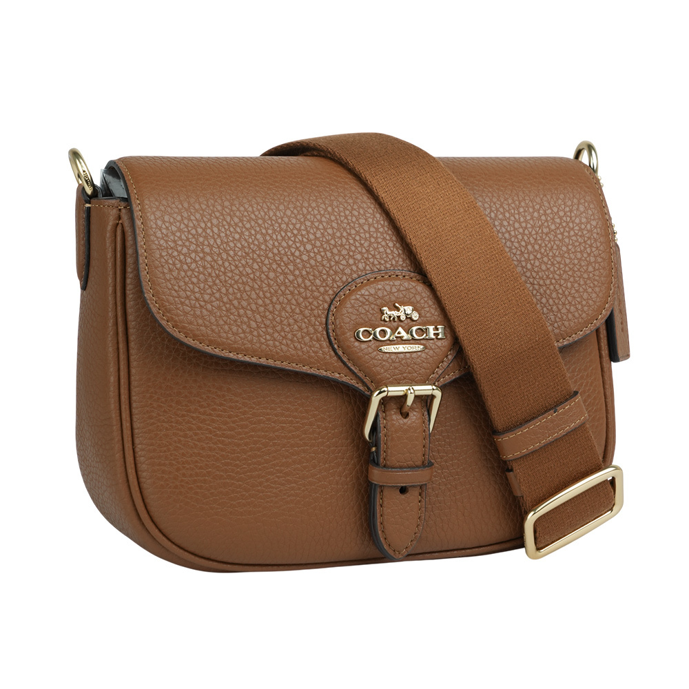 【COACH】Amelia 金字荔枝皮革馬鞍包(紅棕木色)