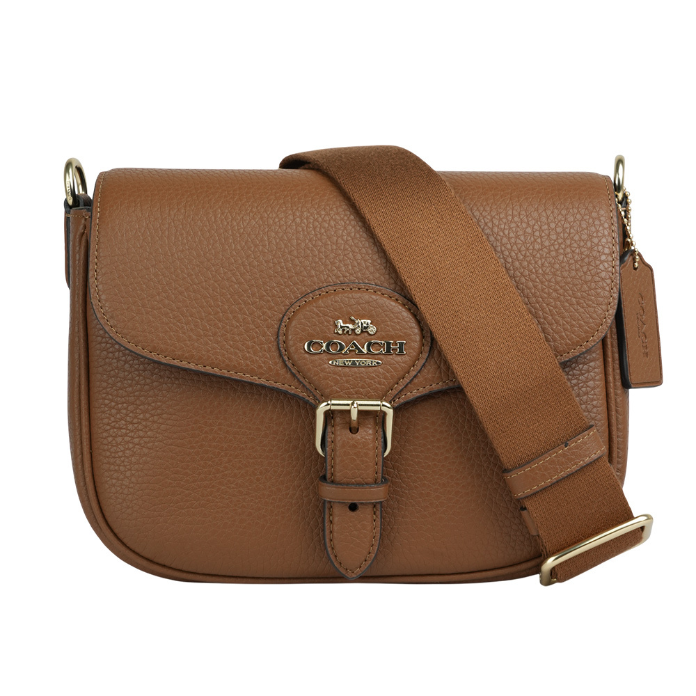 【COACH】Amelia 金字荔枝皮革馬鞍包(紅棕木色)