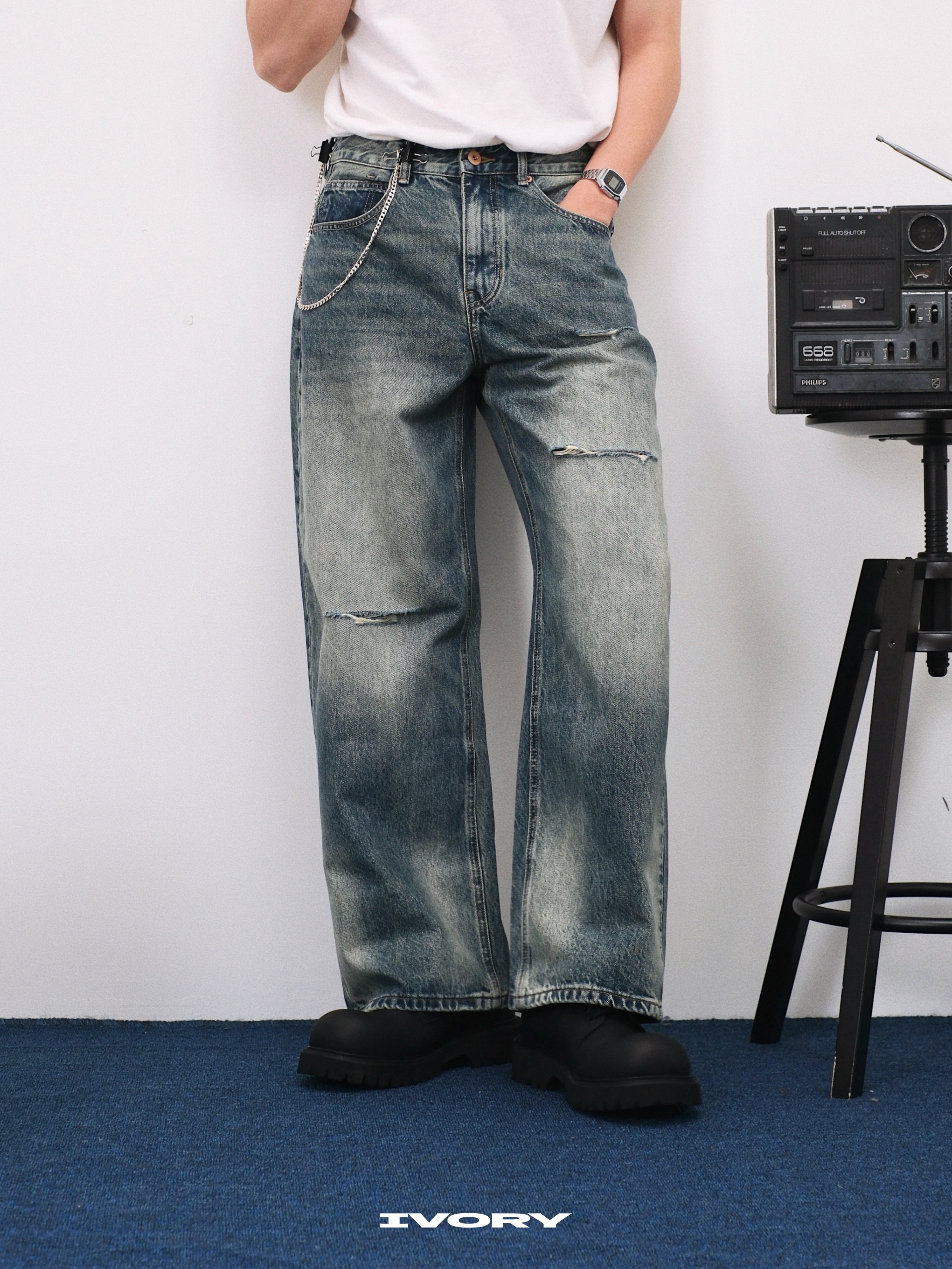 <現貨>IVORY Ripped Straight Pants 直筒 水洗 刷破 牛仔褲 寬褲 水洗藍【Z8539】