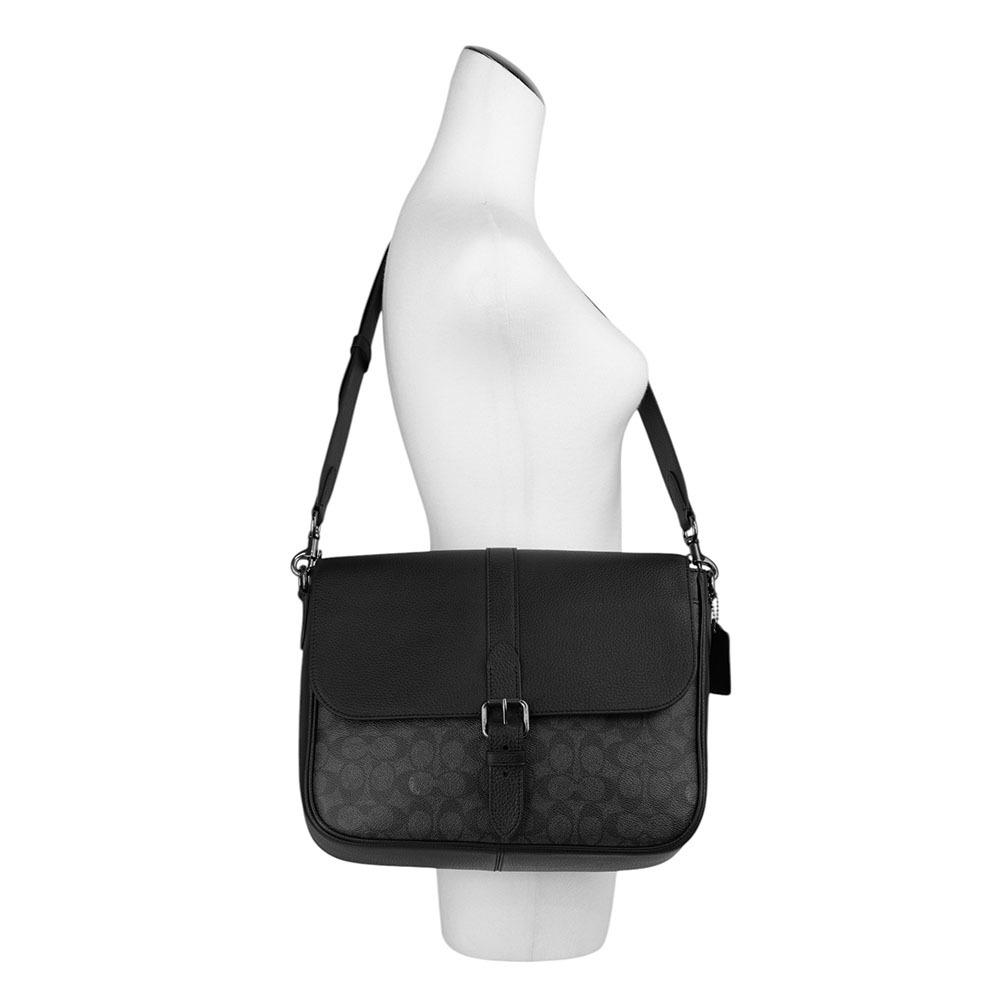 【COACH】Warner 塗層帆布及皮革斜背包/郵差包(炭灰色/黑色) CW214 QBMI5