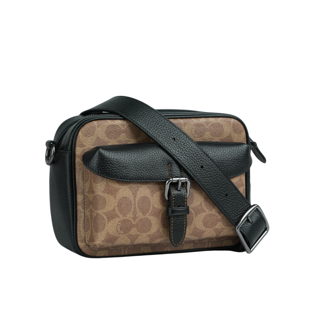 【COACH】Warner 塗層帆布及皮革拉鍊斜背包(棕褐色/黑色)