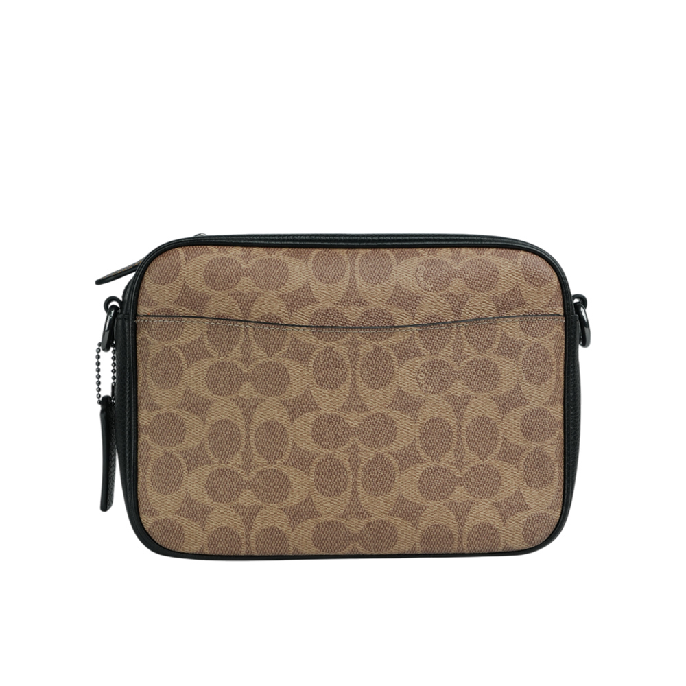 【COACH】Warner 塗層帆布及皮革拉鍊斜背包(棕褐色/黑色) CW217 QBNRX