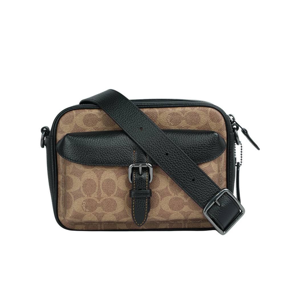 【COACH】Warner 塗層帆布及皮革拉鍊斜背包(棕褐色/黑色) CW217 QBNRX