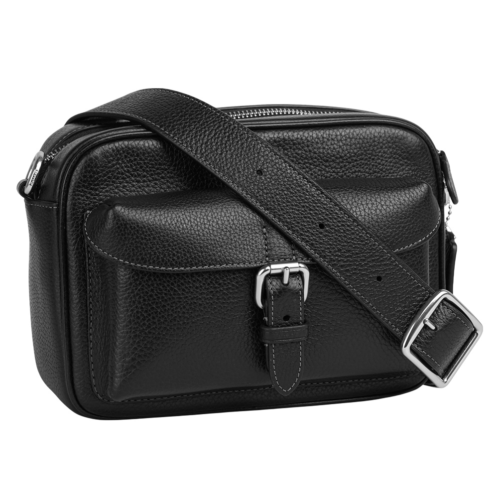 【COACH】Warner 銀釦粒紋皮革拉鍊斜背包(黑色)