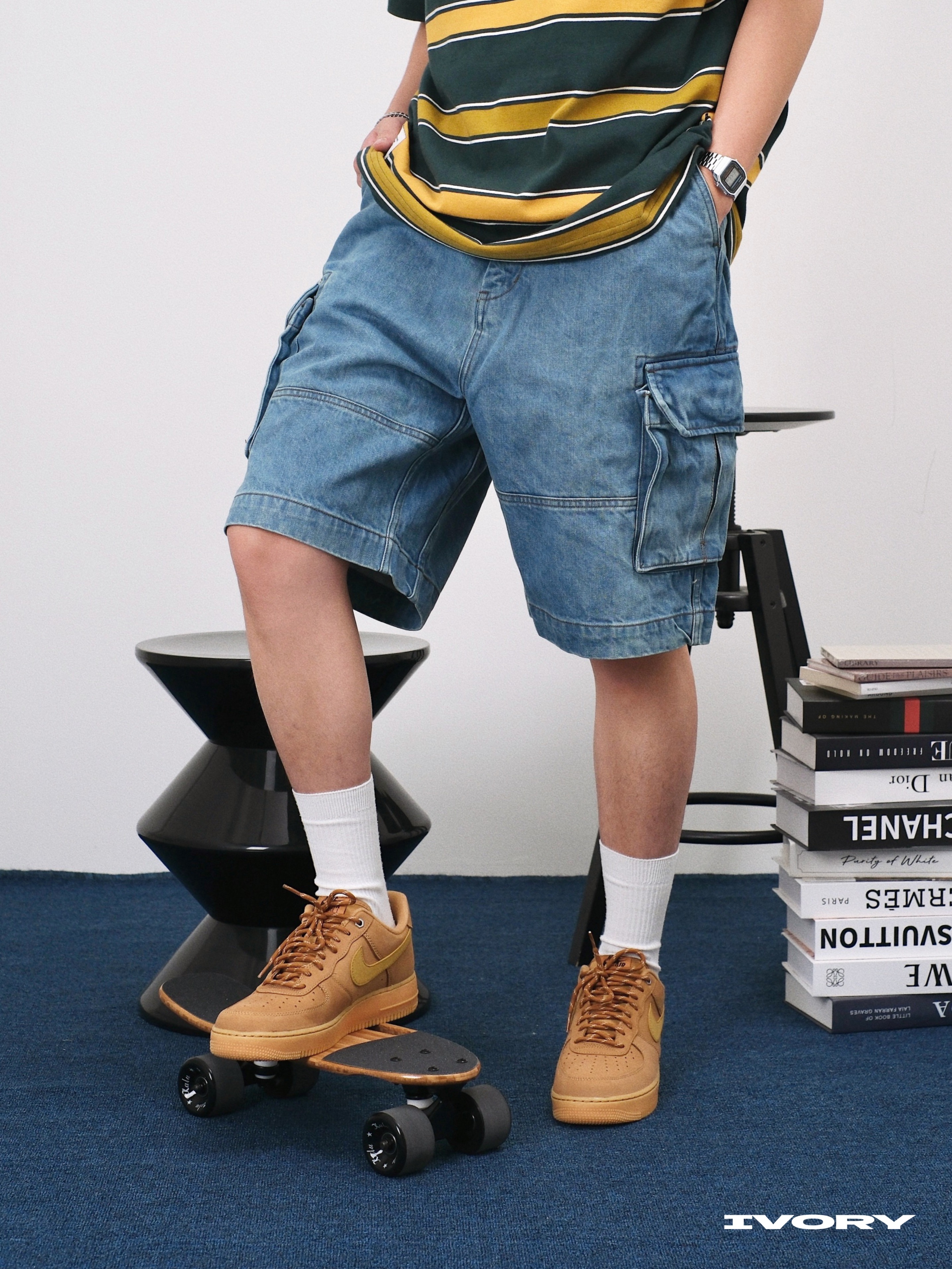 <現貨>IVORY Denim Work Shorts 水洗牛仔 重磅 寬鬆 多口袋 腰帶 工裝 短褲【LB0206NT】