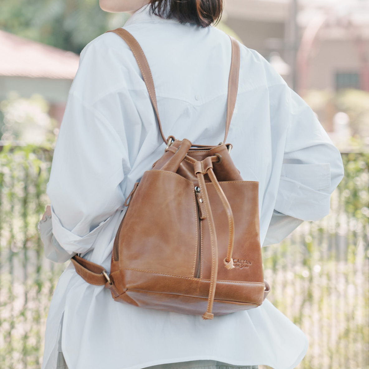 全真皮磁釦肩背/手提後背水桶包-五色(5338)