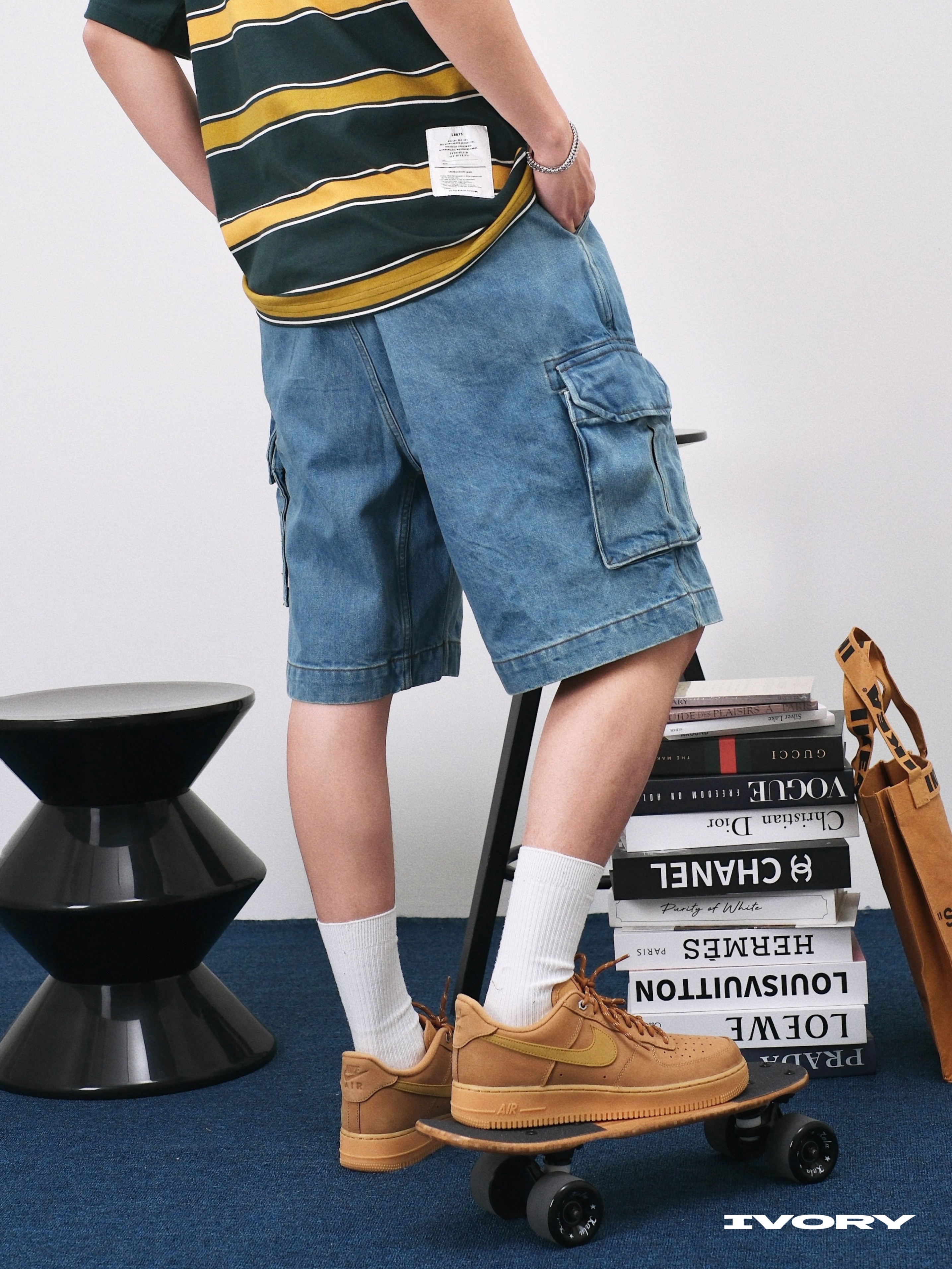 <現貨>IVORY Denim Work Shorts 水洗牛仔 重磅 寬鬆 多口袋 腰帶 工裝 短褲【LB0206NT】