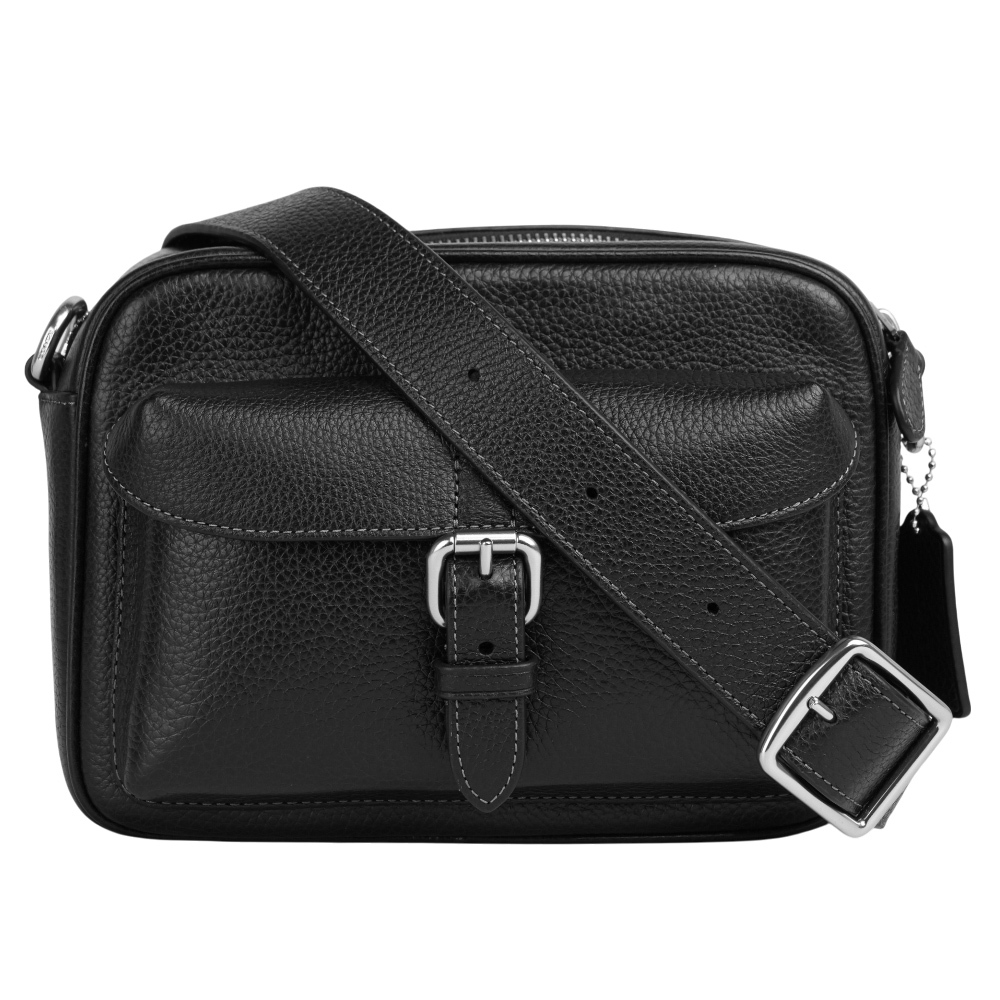 【COACH】Warner 銀釦粒紋皮革拉鍊斜背包(黑色) CW218 SVBK