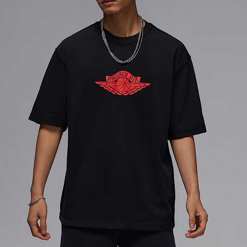NIKE  AIR  JORDAN RARE AIR WINGS LOGO 反轉 鏡像 黑紅 做舊 破洞 破壞 外縫線 短袖上衣 短Tee IB3131-010