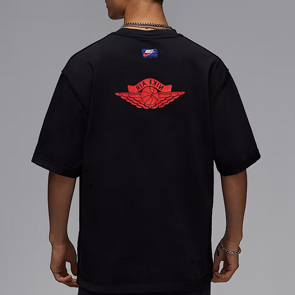 NIKE  AIR  JORDAN RARE AIR WINGS LOGO 反轉 鏡像 黑紅 做舊 破洞 破壞 外縫線 短袖上衣 短Tee IB3131-010