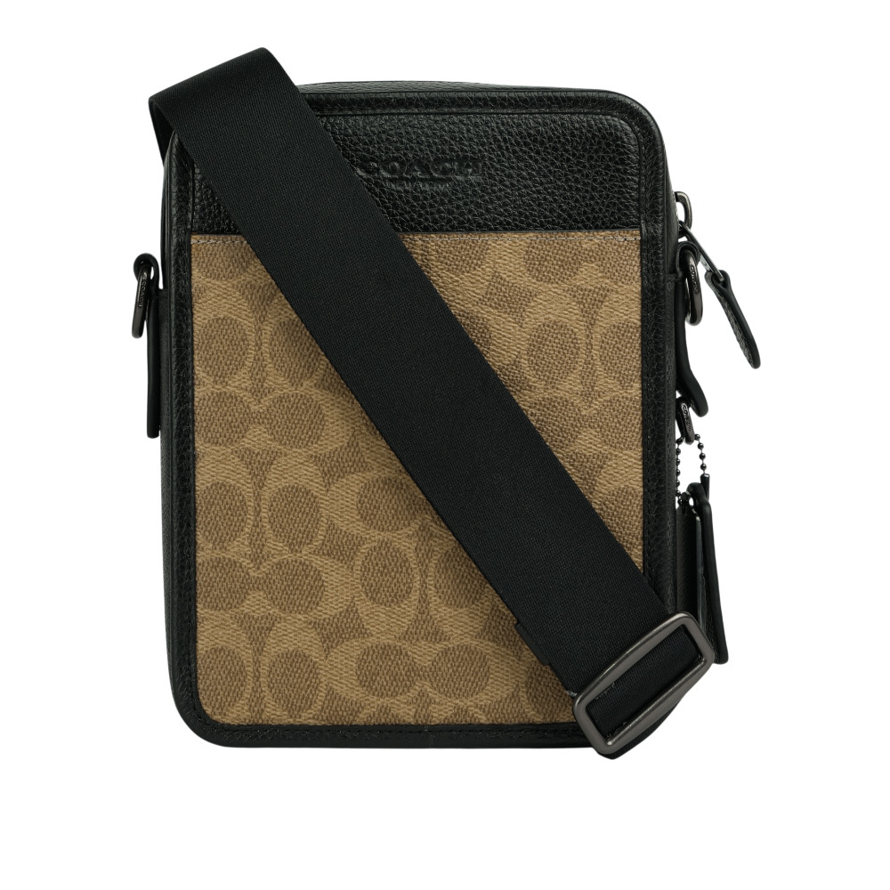 【COACH】Sullivan 塗層帆布及皮革方形斜背包(卡其/黑色)