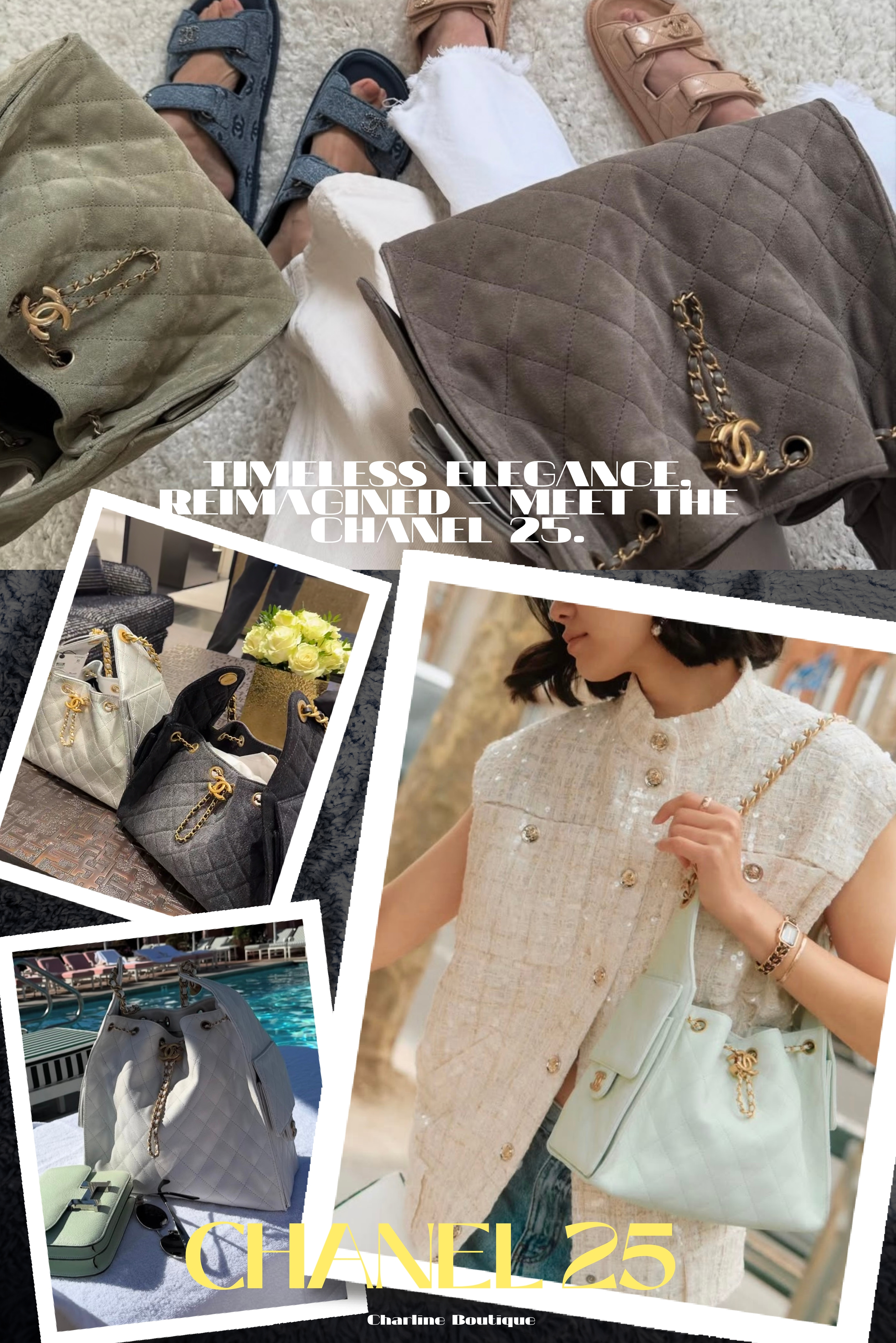 既然它是2025年推出的最新It Bag ，那接下來就讓我們再更仔細的介紹一下 Chanel 25 的命名、夾層設計跟外觀大小還有材質有哪些選擇吧！  Chanel 25 是品牌繼 Chanel 19、Chanel 22 之後，以數字命名的全新包款，成為 Chanel 多口袋系列設計的升級版。包型巧妙融合經典符號與多重收納機能，包含雙 C 標誌與經典菱格紋圖騰，兩側貼袋與內部零錢包等，不僅提升便利性與機能性，更是現代女性「時尚生存工具包」的不二選擇。磁扣的設計也在使用上更顯得方便，如果您是怕東西容易掉出來的族群，Chanel 25束口的設計更是直接幫您免去這個煩惱，真的是超級貼心，讓您裝的在滿也不用害怕。