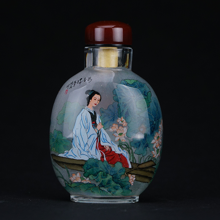 鹿港窯典藏內畫工藝|荷香仕女鼻煙壺 清香益壽寓意安康長樂與幽雅氣韻