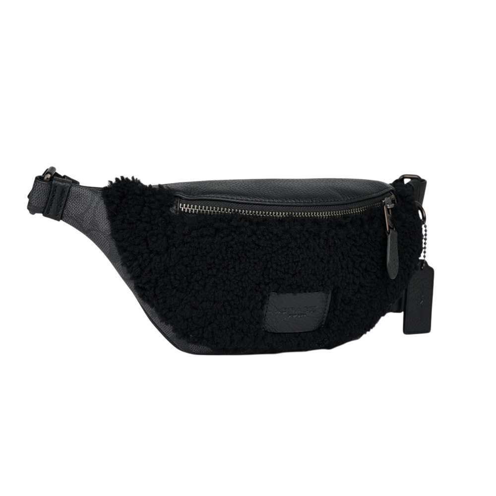 【COACH】Warren 塗層帆布及羊毛皮迷你腰包/胸口包(黑色)