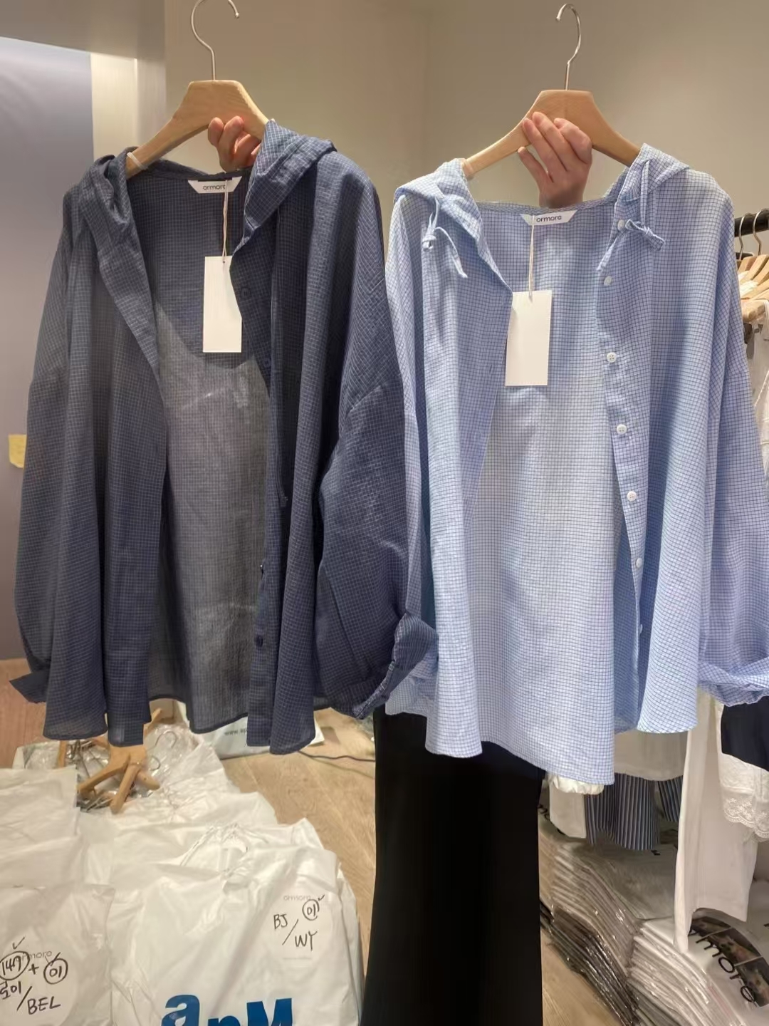 OD4205 格仔條紋防曬連帽恤衫 - 深藍