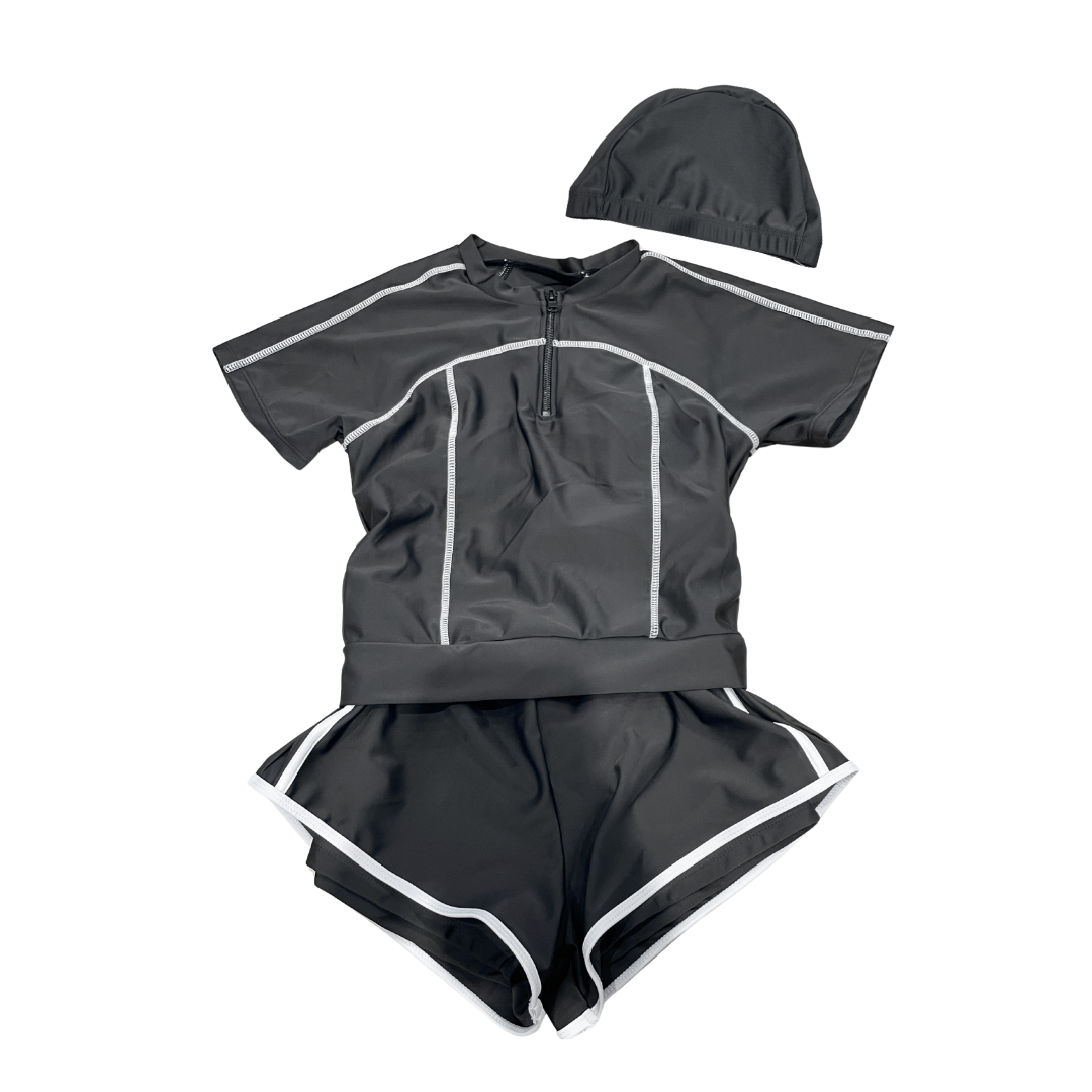 日大 女款 胸墊泳衣運動風套裝 短袖短褲白線  (泳帽+泳衣+泳褲)F026162