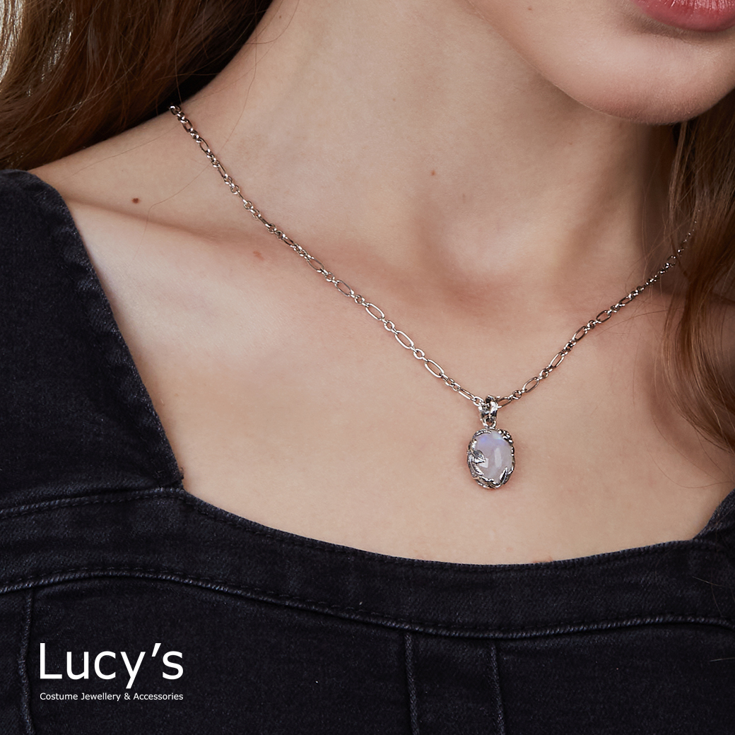 Lucy's-925純銀葉掩月光石硫化項鍊(76979)