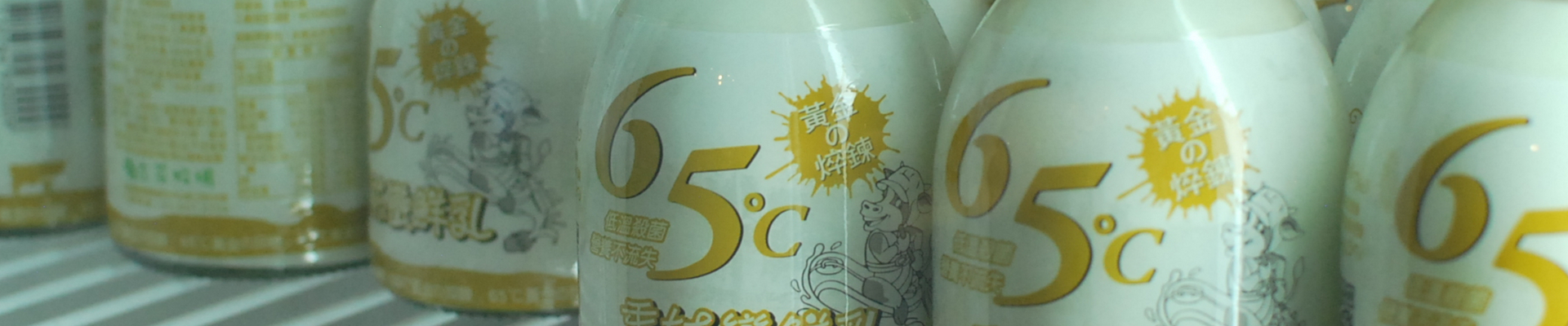 冷藏冰箱中整齊排放了許多玻璃瓶，外包裝是金黃色，內容物是65度低溫殺菌秀姑巒鮮乳。