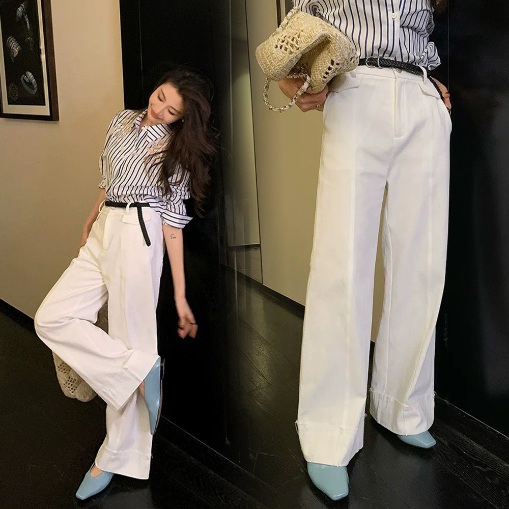 雲朵白褲管壓褶造型直筒西裝長褲S-XL (Elegant & Love)