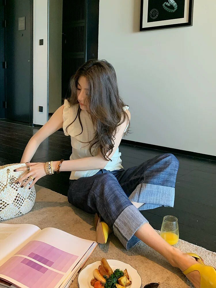 時髦女子褲管反摺造型牛仔直筒九分褲S-XL (Elegant & Love)