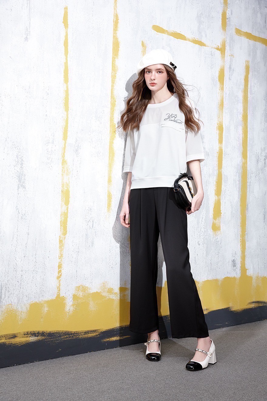 韓版OL純色時尚打摺西裝褲造型修身闊腿寬口長褲W6271