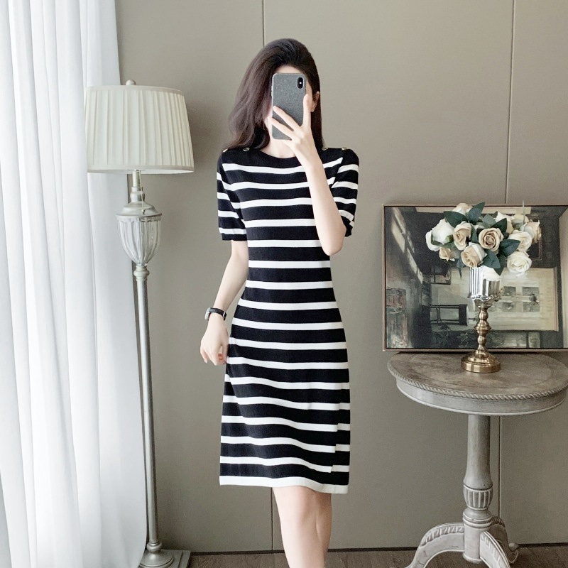 黑白條紋肩釦針織洋裝 兩色