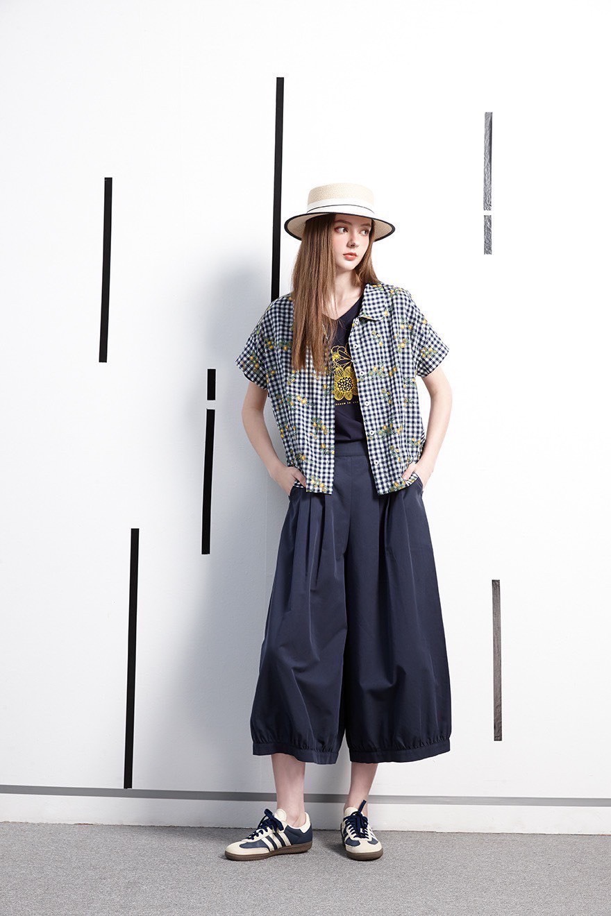 日本質感棉田園風時尚打摺修身闊腿褲裙W6091