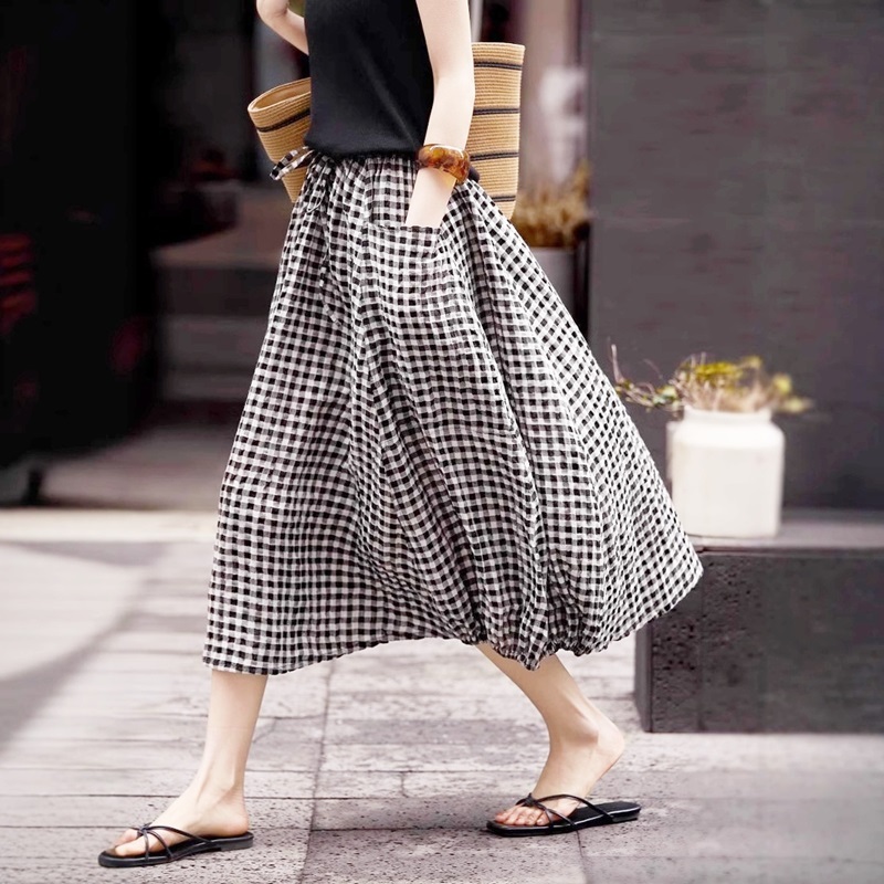 口袋格紋中長裙 格紋