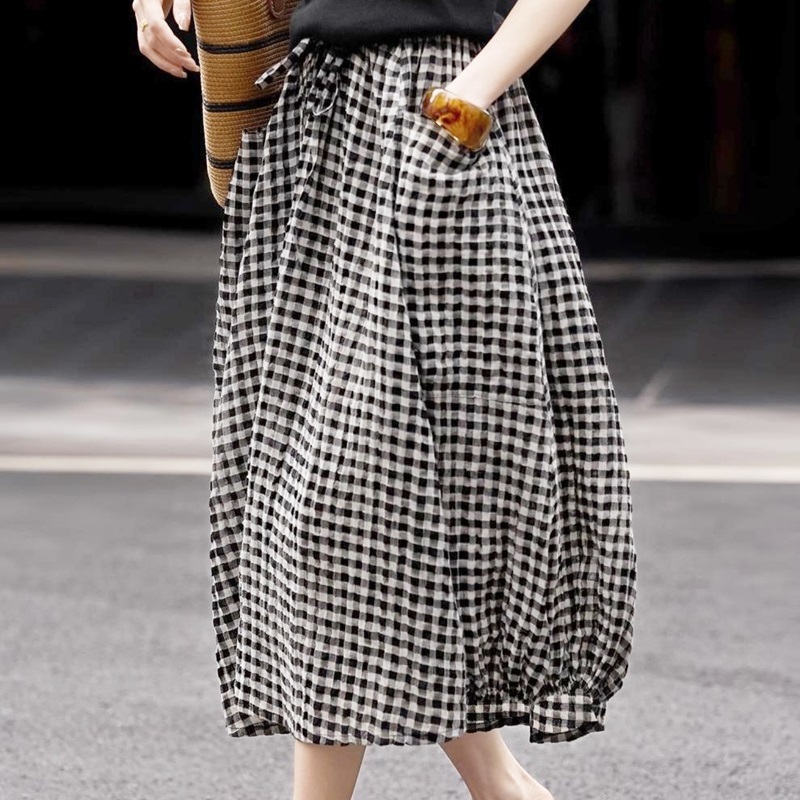 口袋格紋中長裙 格紋