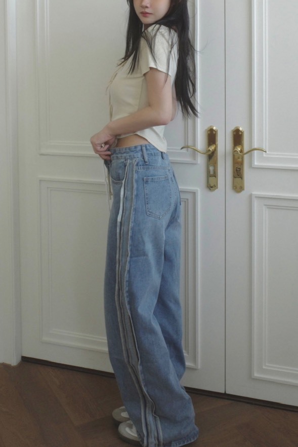 <女裝現貨💗> A025 毛邊抽繩高腰寬鬆直筒牛仔褲 兩色