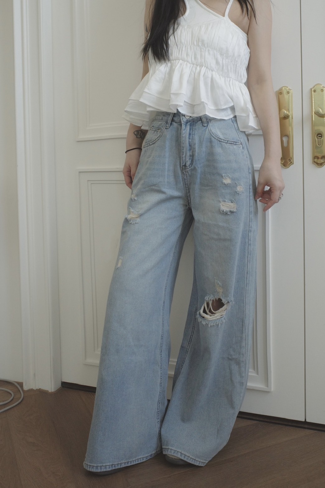 <女裝現貨💗> A026 復古刷色刮破高腰牛仔褲 一色