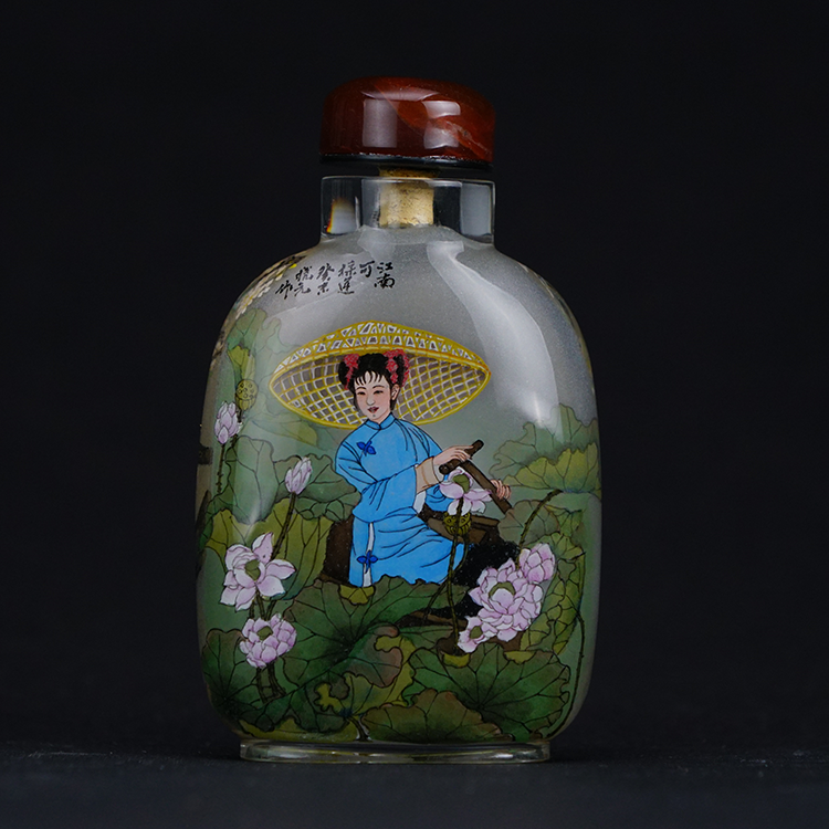 鹿港窯典藏內畫工藝|荷花讀書仕女雙圖鼻煙壺 雅趣悠然描繪書香與自然風華