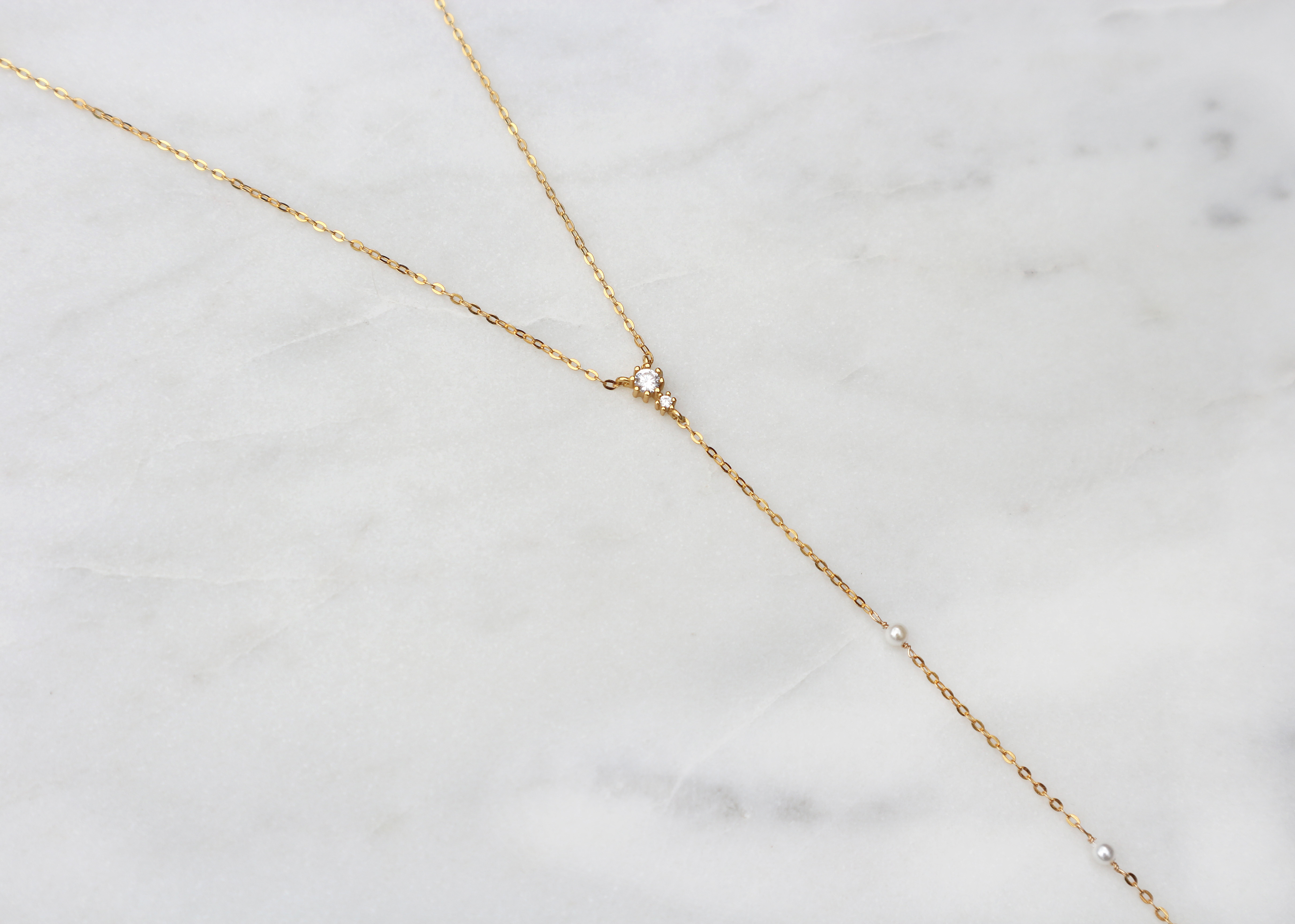 Y字鋯石珍珠垂墜長鍊-14K注金