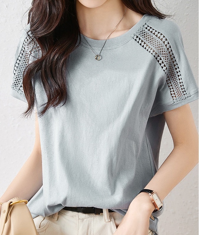 鏤空緹花柔棉上衣 藍色