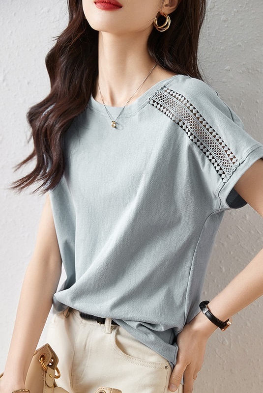 鏤空緹花柔棉上衣 藍色