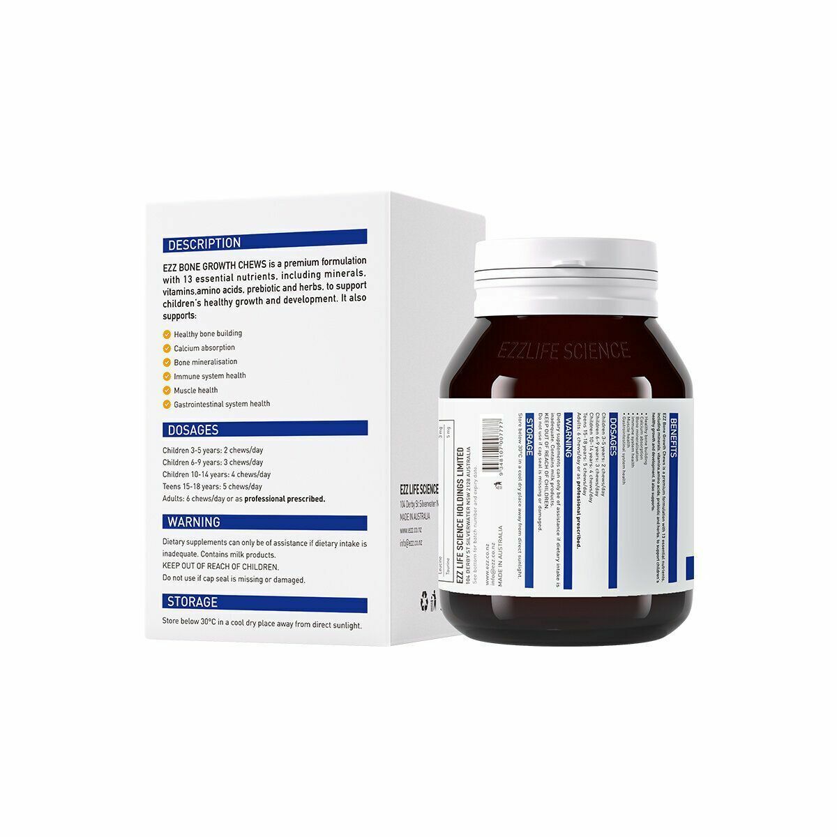 EZZ - 增高丸 增高鈣片 兒童增高丸 澳洲賴氨酸成長骨增長增高(適合3-18歲)咀嚼片120粒 成長丸ezz 發育鈣片 平行進口