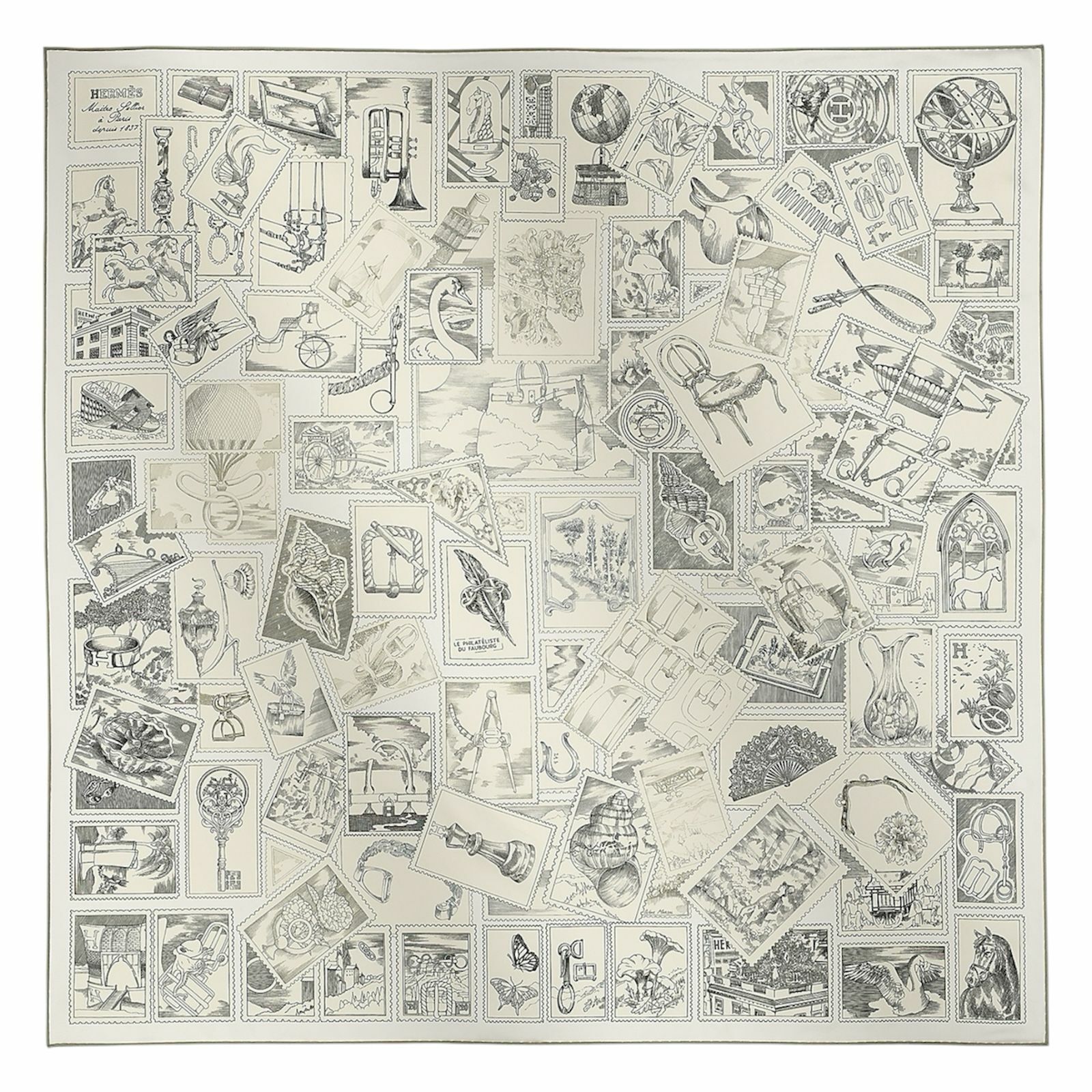 全新HERMES絲巾90x90cm H004205S 06 福寶集郵 氣質奶灰白色圍巾 Le Philateliste du Faubourg Scarf 90 #BRAND NEW #香榭站正品