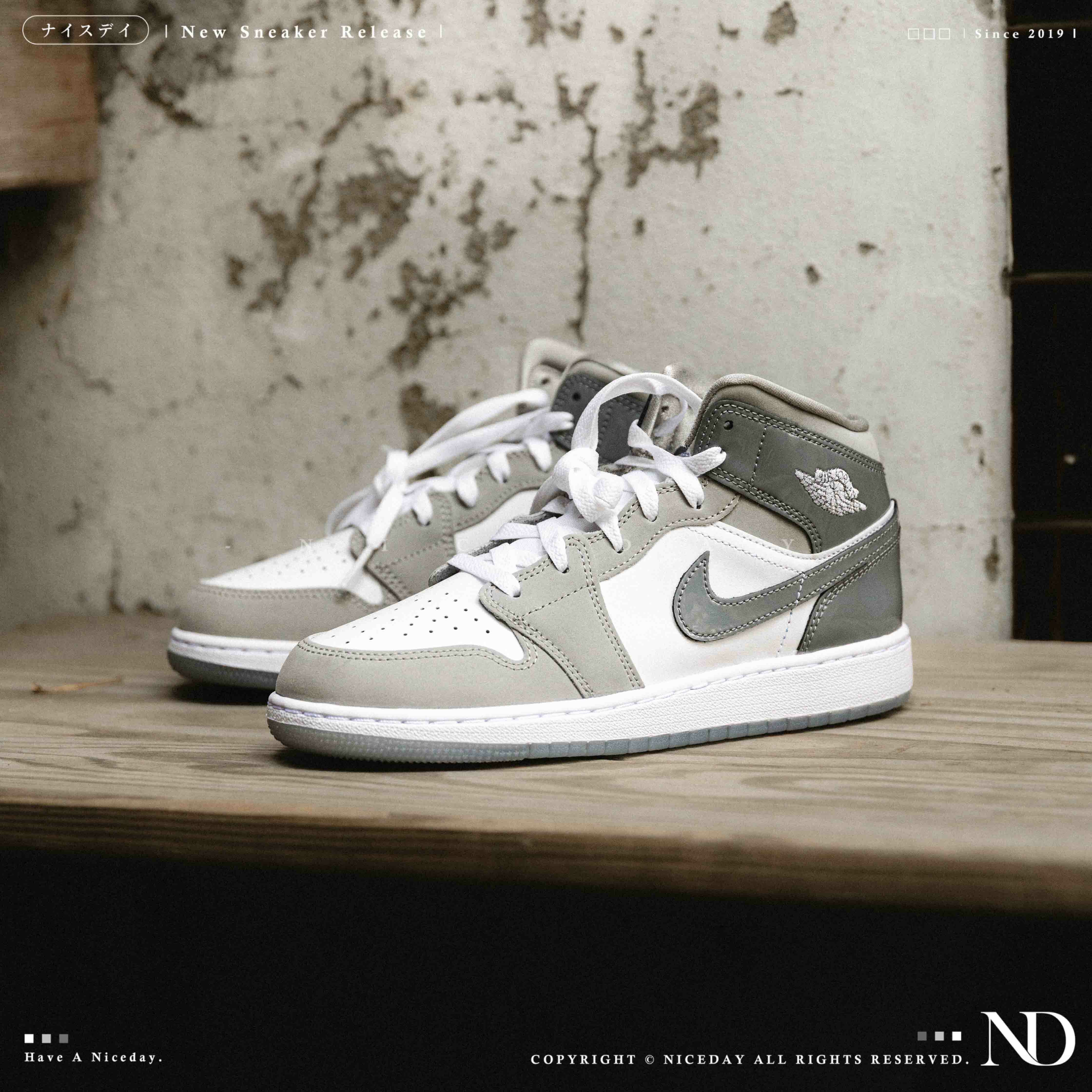 NICEDAY 現貨 Air Jordan 1 MID GS 灰白 漆皮 卡其灰 大童 女鞋 HF3193-100