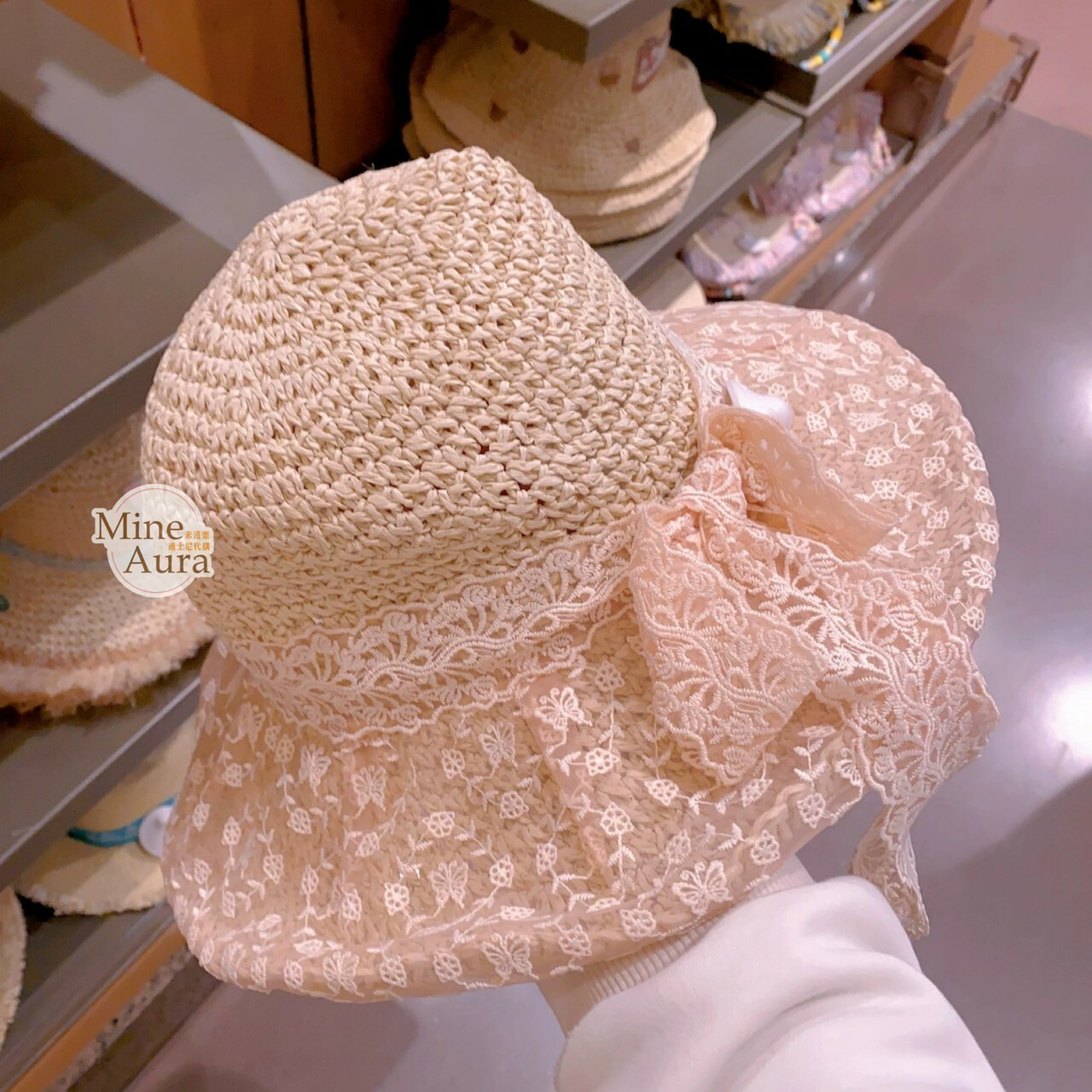 玲娜貝兒 Lina bell 蕾絲緞帶蝴蝶結設計 編織 草帽 遮陽帽 帽子 -上海迪士尼樂園