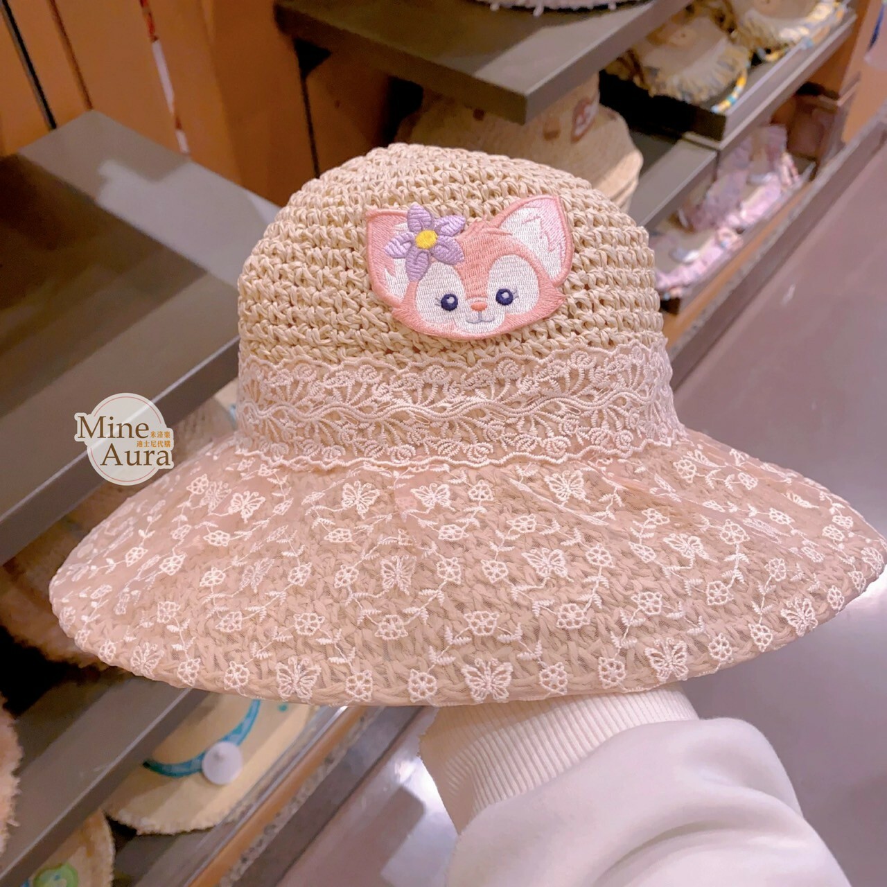 玲娜貝兒 Lina bell 蕾絲緞帶蝴蝶結設計 編織 草帽 遮陽帽 帽子 -上海迪士尼樂園