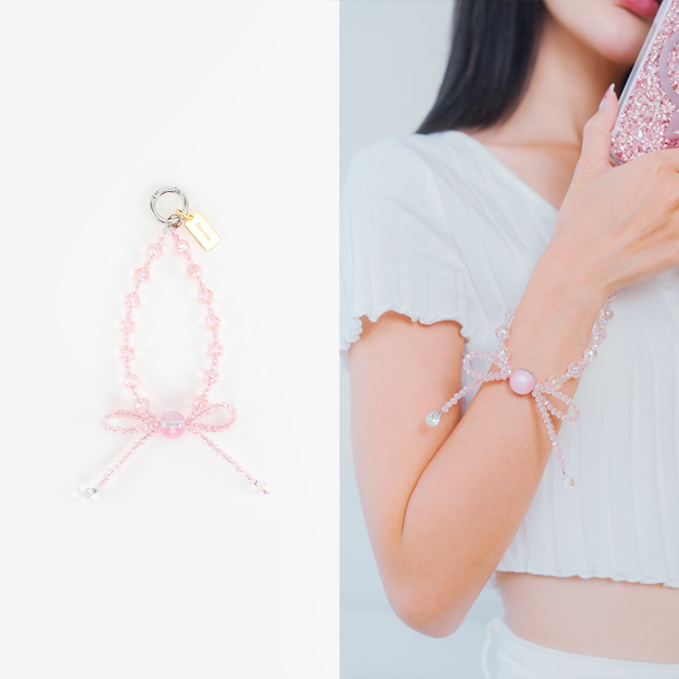 神秘水晶蝴蝶結(透粉) 串珠手腕繩 短掛繩  串珠掛繩