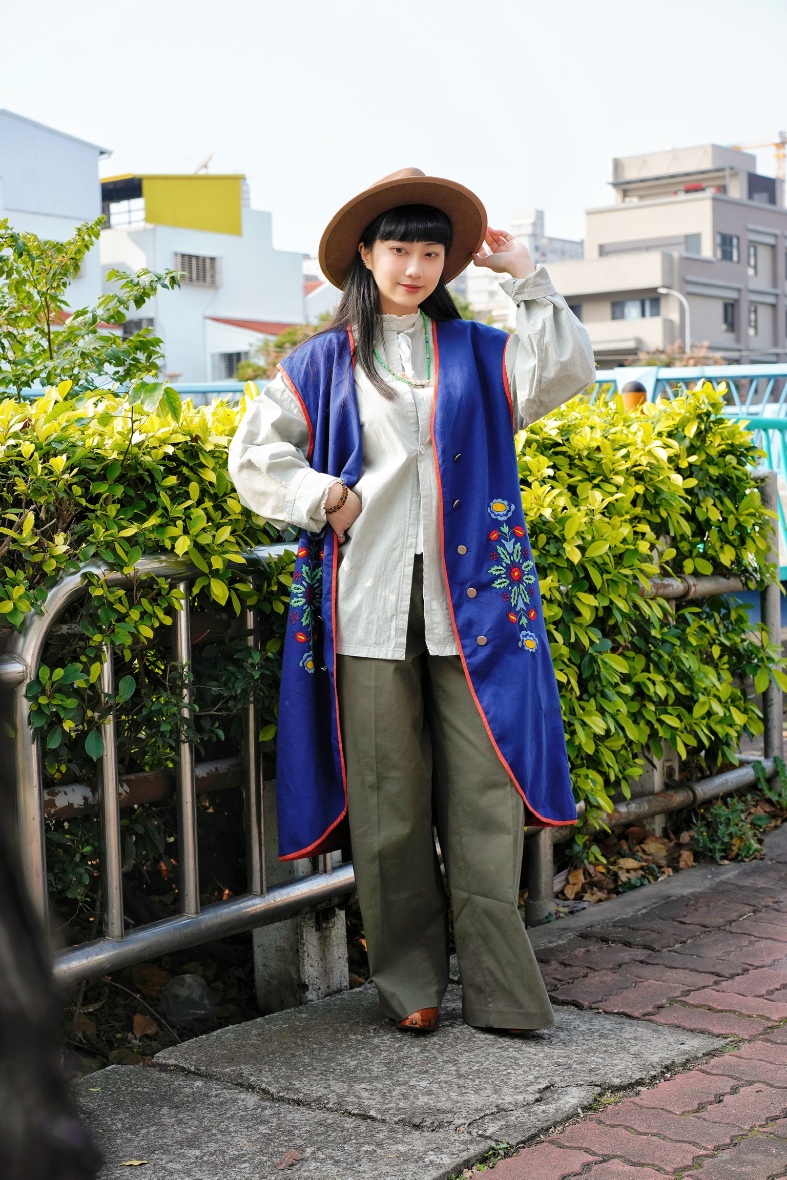 Vintage Vest/古著刺繡撞色雙排扣長版背心