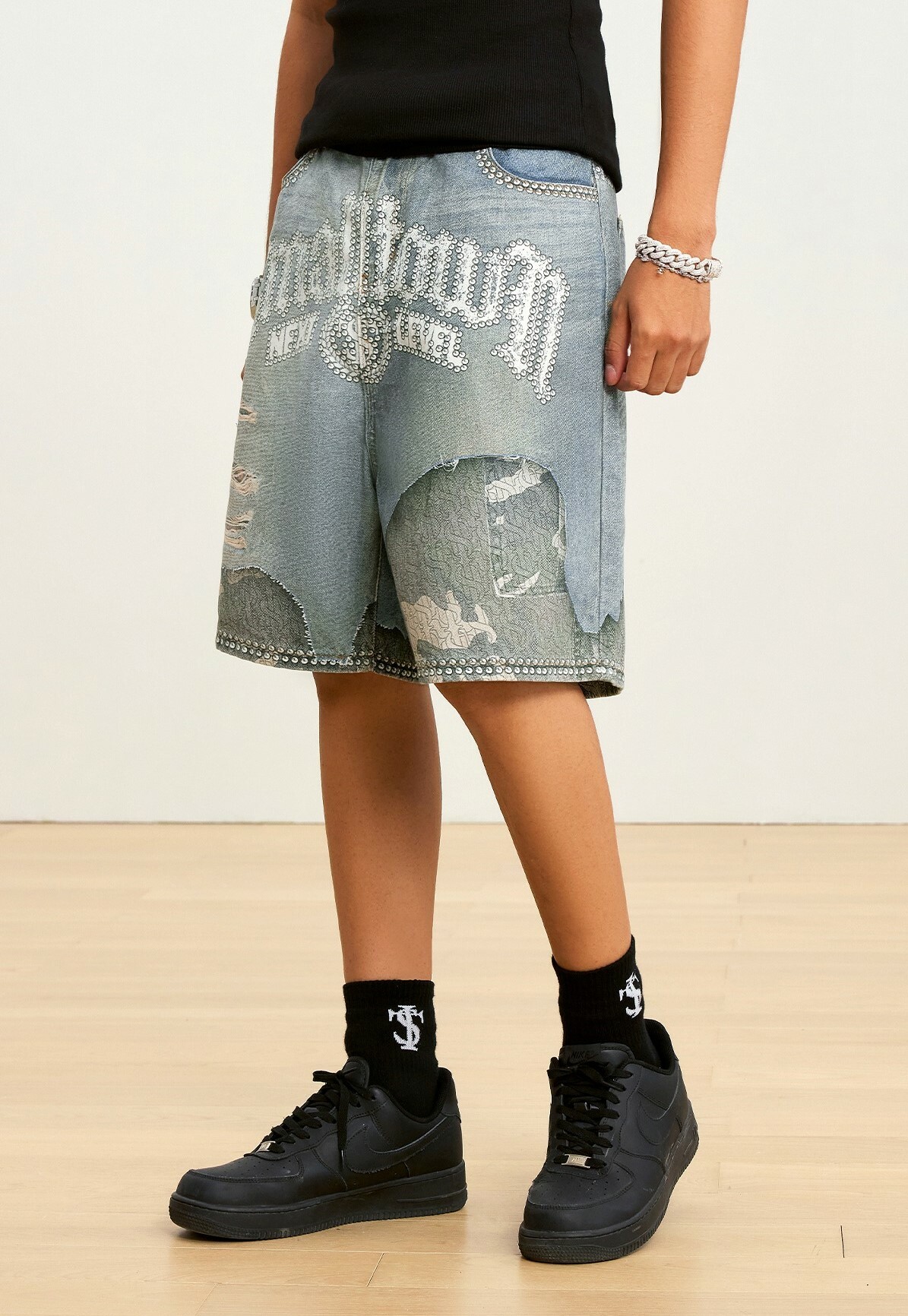 STK SmallTownKid 貼鑽迷彩 拼接破壞 牛仔短褲